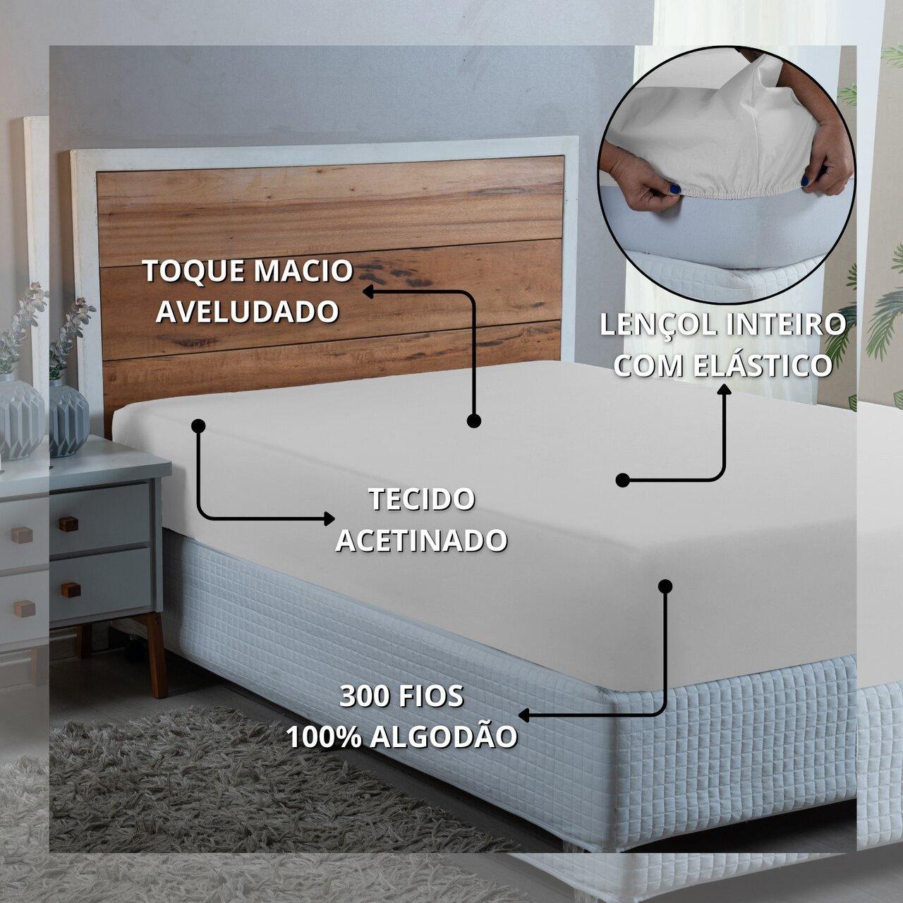 Lençol Casal com Elástico Algodão 300 Fios Cama Box Padrão:branco - 4