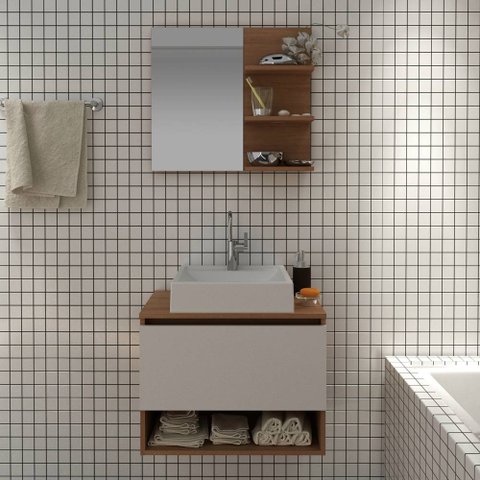 Conjunto Kit para banheiro 60cm com Gabinete espelheira e cuba CJ43018-108 Móvel na Caixa Videira Am