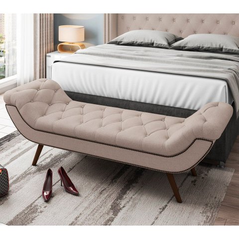 Puff Recamier Decorativo com Tachas 160 cm Santorini P05 Linho Bege Escuro - Lyam Decor
