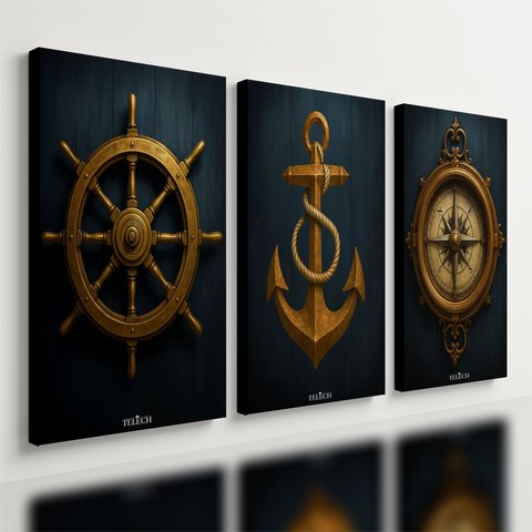 Kit3 Quadro Decorativo Marítimo Barco Ancora Bussola Veleiro Qualidade Premium Luxo 28x20cm
