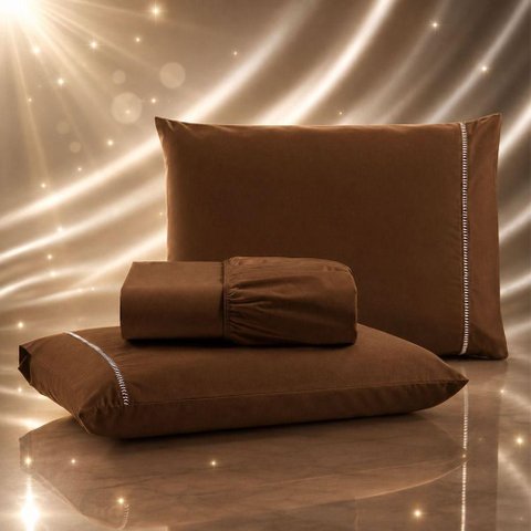 Jogo de Cama Lençol Quality King 3 Peças Micropercal 600 Fios Marrom Casa Show Enxovais