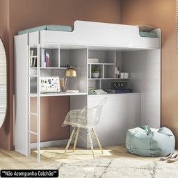 Cama Suspensa Juvenil Office com Nichos e Baú Concept S01 Branco - Mpozenato - 2