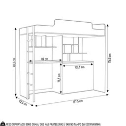 Cama Suspensa Juvenil Office com Nichos e Baú Concept S01 Branco - Mpozenato - 4