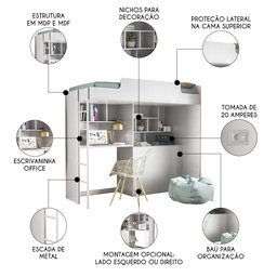 Cama Suspensa Juvenil Office com Nichos e Baú Concept S01 Branco - Mpozenato - 3