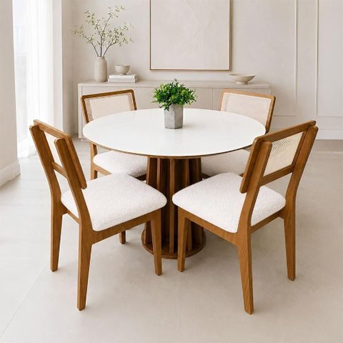 Conjunto Mesa de Jantar Kit Mesa + Cadeiras 4 Lugares Tampo MDF Tela Palha Sintética Bouclé Off