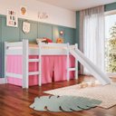 Ver imagem 2 de Cama Infantil Elevada com Escorregador Branco e Cortina Rosa Completa Móveis