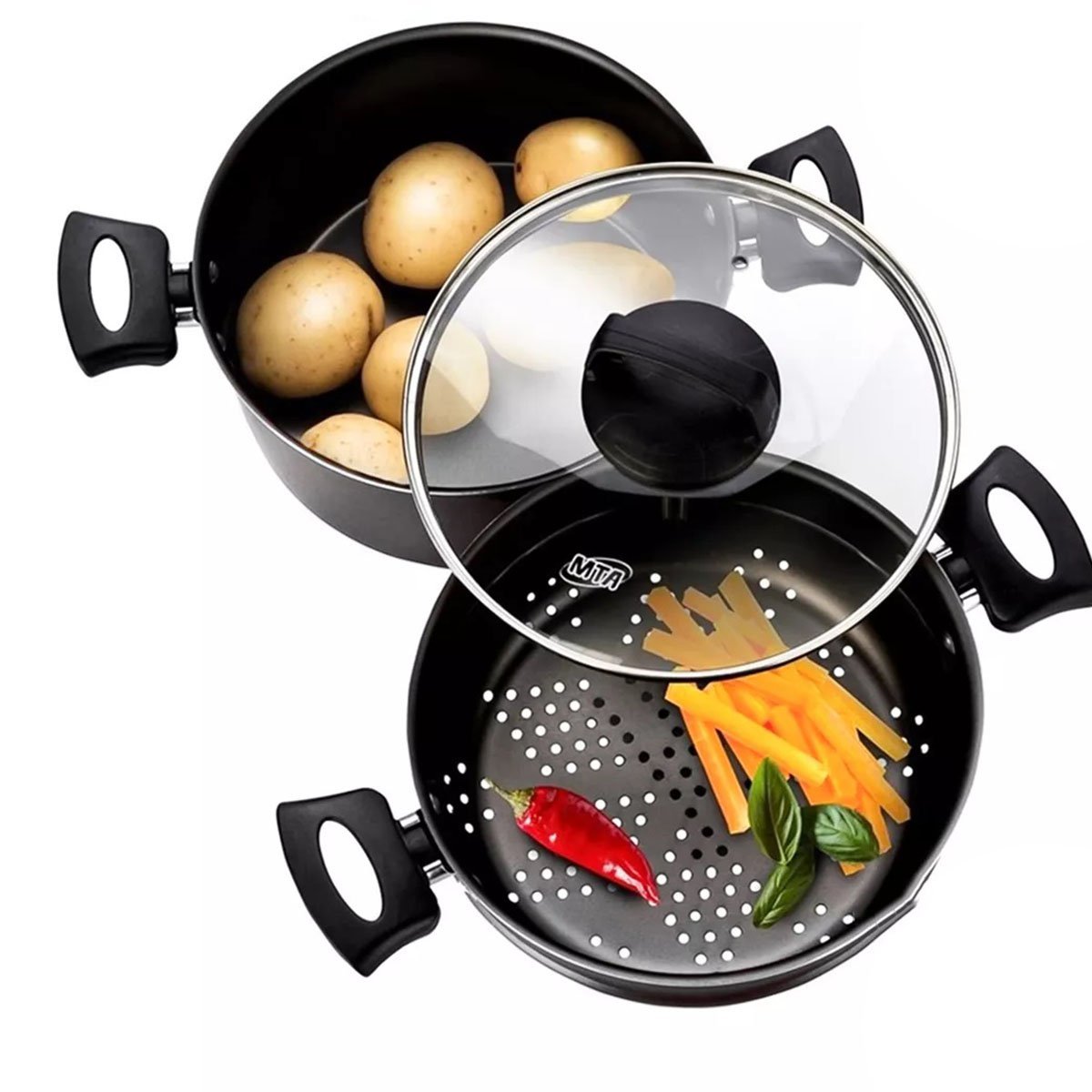Panela Cozimento A Vapor Antiaderente 3 Em 1 Caçarola Espagueteira Cuscuzeira 3 Litros Massa Legumes - 6