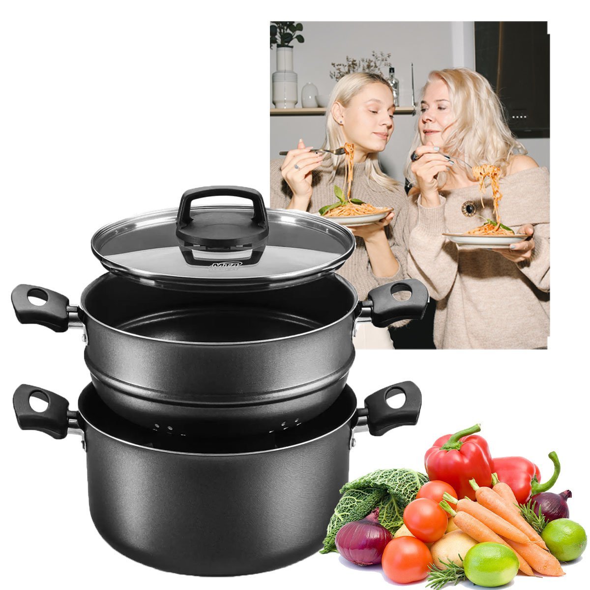 Panela Cozimento A Vapor Antiaderente 3 Em 1 Caçarola Espagueteira Cuscuzeira 3 Litros Massa Legumes - 1