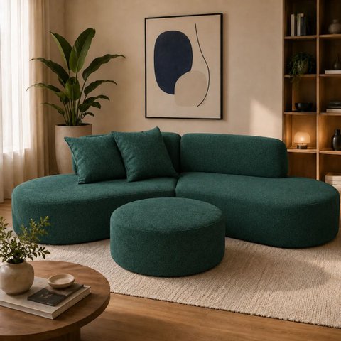 Sofá e Puff Orgânico Virginia 200cm Sala Suede: Verde