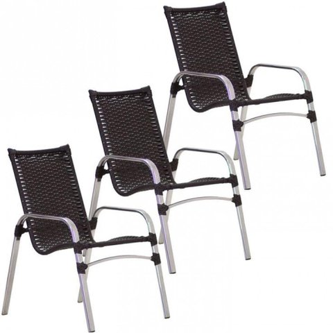 3 Cadeiras Emily Alumínio Área Jardim Piscina Trama Original Tabaco