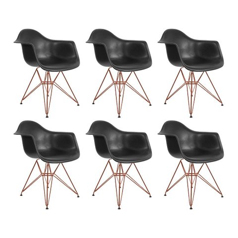 Kit 6 Poltronas Eiffel Eames Preta com Braço Daw em Ferro Cobre