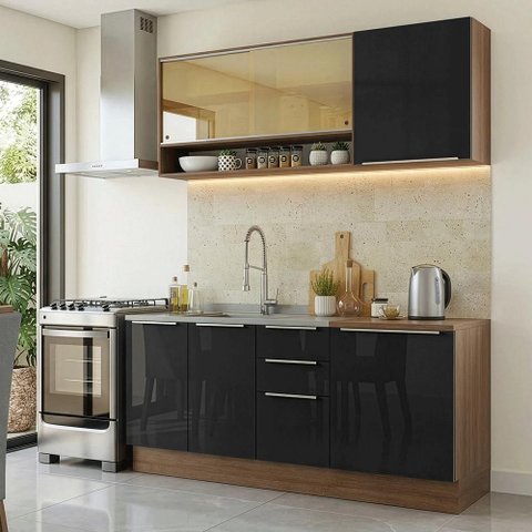 Armário de Cozinha Compacta 180 cm Rustic/Preto Lux Madesa 04