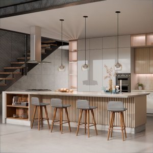 Meia Banqueta Línea Madeira Acabamento Premium Linho Cinza