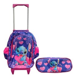 Kit Mochila Escolar Infantil com Rodinhas Stitch Roxo e Estojo Duplo - Gv Bolsas - 1