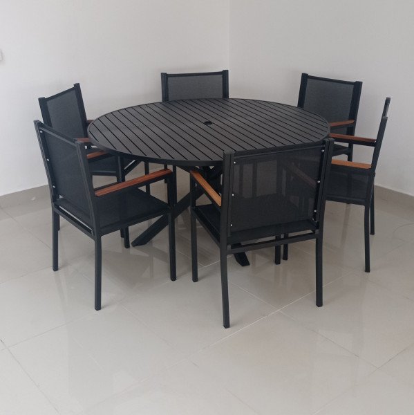 Conjunto - Mesa com 1,50mt de diâmetro com Seis Cadeiras Moçambique - Alumínio e Tela Sling MÓVEIS E - 1