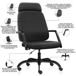 Kit 02 Cadeiras de Escritório Giratória com Apoio de Cabeça Hub F02 Sintético Preto - Lyam Decor - 3