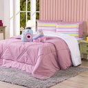 Ver imagem 1 de Kit Edredom Solteiro Menina Teen Rosa com Almofadas Estampadas 05 Peças - Dupla Face Percal 300 Fios