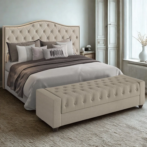 Conjunto Cabeceira Viana King 1,95 e Puff Baú Bellmont Linho Bege - Larbelle