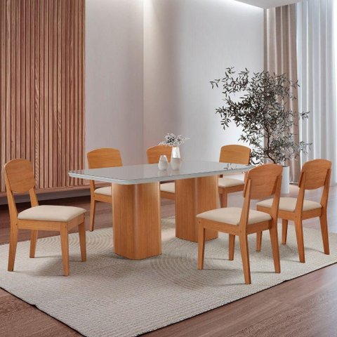 Mesa de Jantar Eloise 180cm Tampo Mdf 6 Cadeiras Moderna Veludo Creme /nat/off/serig. Off