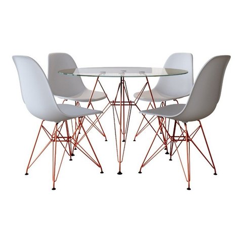 Conjunto Jantar Eames De Ferro Cobre Tampo Redondo 90cm Vidro 4 Cadeiras Brancas