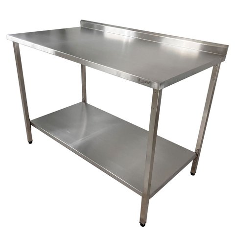 Mesa de Aço Inox Industrial 140x60x90 cm com 1 Prateleira Plano Liso com Espelho Nortinox Stander