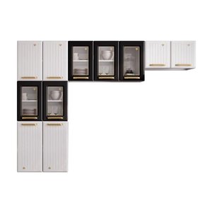 Kit de Cozinha Completa 3 Peças Diamante (2 Armários 1 Paneleiro) C/ 5 Portas Vidro Branco/preto