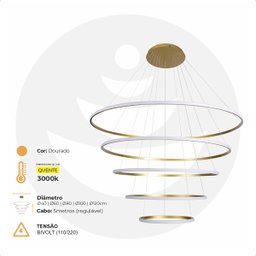 Lustre Pendente Anéis 196w 3000k Tendencia Moderno Bivolt Lumier - 6