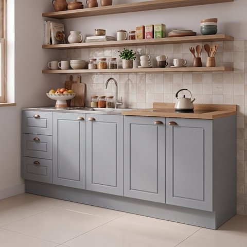 Cozinha Compacta Modulada 100% MDF 2 Balcões e 1 Tampo com Furo para Cooktop Cinza/Nature Emily