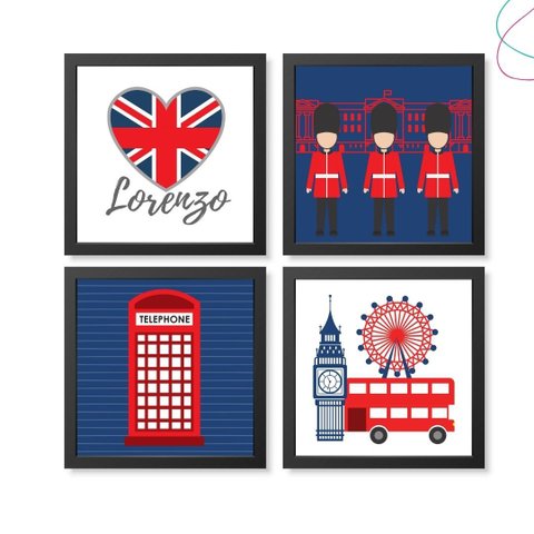 Kit com 4 Quadros Decorativos Infantil - Londres Britânico:preta