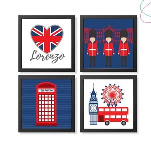 Kit com 4 Quadros Decorativos Infantil - Londres Britânico:Preta