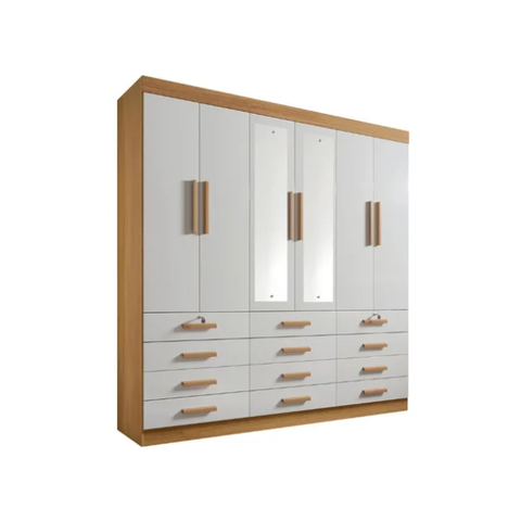 Guarda Roupa Casal com Espelho MDF 6 Portas 12 Gavetas 240cm Mônaco Cinamomo/Off White - D'Doro Móveis