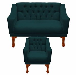 Kit Namoradeira + 1 Poltrona Decorativa Grécia Dritex Suede Azul