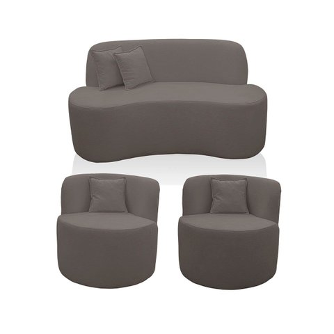 Kit 2 Poltrona com Sofá Curvo 2 Lugares Feijão Forma Orgânica 1,50 Bouclé Maranata
