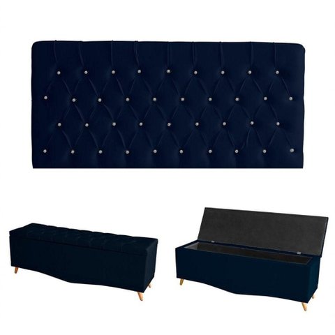 Kit Estrela Cabeceira de Cama Painel e Calçadeira Baú Botão Cristal Casal 140 Cm Suede Azul do