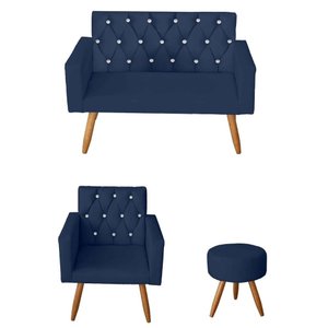 Kit Namoradeira 2 Lugares e 1 Poltrona para sala Thais Strass Capitonê e 1 Puff Sófia Suede Azul