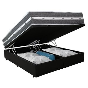 Cama Box Baú Casal Bipartido Sintético + Colchão Anjos Black Graphite Molas Ensacadas 138x188x64cm P