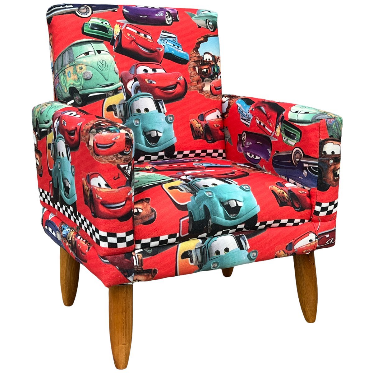 Poltrona Decorativa Infantil Para Quarto Sala De Brinquedos Suede Estampa Carros Pé Castanho