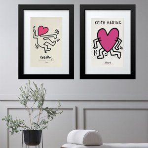 Kit 2 Quadros Keith Haring Coração - 60x48cm:madeira Branca