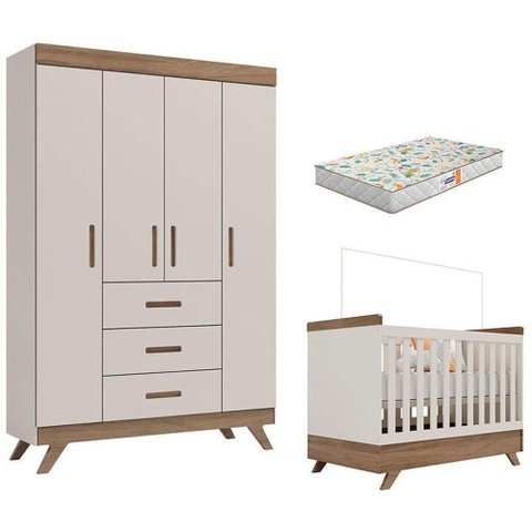 Berço Americano Vitória e Guarda Roupa Infantil Retrô Maya Off White Carvalho com Colchão Gazin