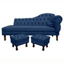 Ver imagem 1 de Divã Recamier Namoradeira Larissa 160cm com Capitonê - Esquerda + 02 Puffs Retrô Suede:azul Marinho