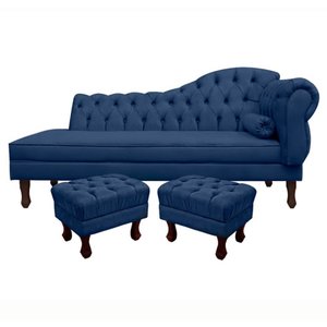 Divã Recamier Namoradeira Larissa 160cm com Capitonê - Esquerda + 02 Puffs Retrô Suede:azul Marinho