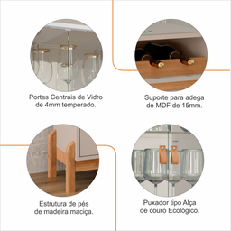 Cristaleira Cristal Espelho Adega 2 Portas Vidro Temperado Sala de Estar e Jantar com Pés Madeira Ma - 6