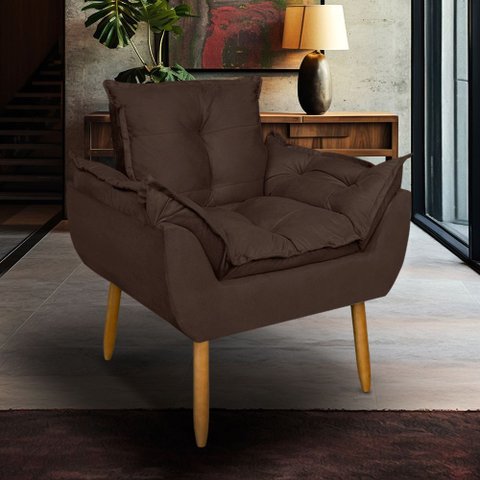 Poltrona Opala para Sala Clínica Salão Pés de Madeira Suede Marrom