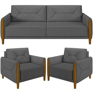 Kit Sofá 03 Lugares Sala Estar 220cm Com 02 Poltronas Berilo Pés Madeira M03 Linho Chumbo - Lyam