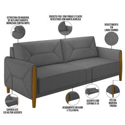 Kit Sofá 03 Lugares Sala Estar 220cm Com 02 Poltronas Berilo Pés Madeira M03 Linho Chumbo - Lyam - 10
