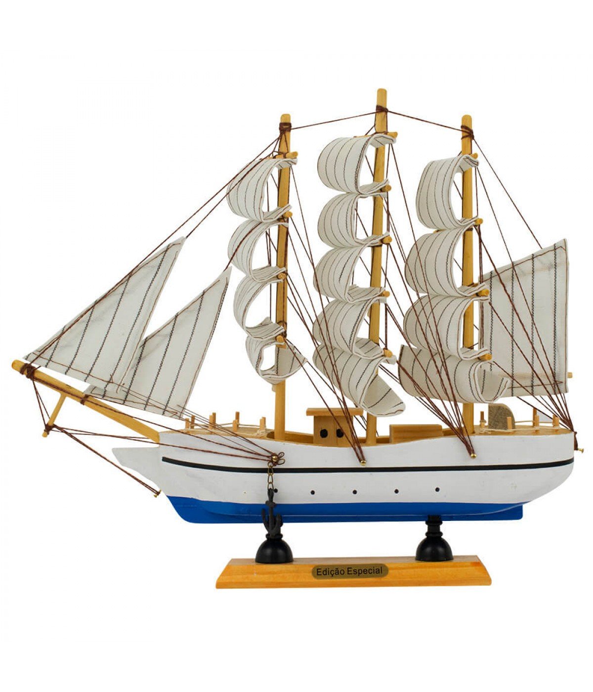 Miniatura Barco Navio Veleiro Madeira Base Azul 26x5x30cm - 1