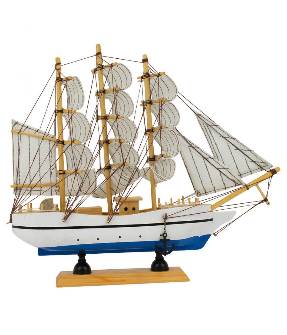 Miniatura Barco Navio Veleiro Madeira Base Azul 26x5x30cm - 3