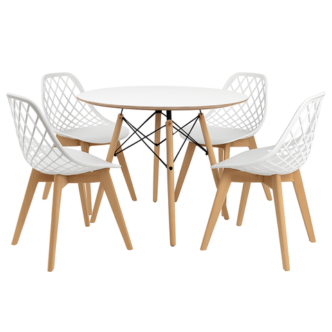 Conjunto Eames Mesa Branca 90cm 4 Cadeiras Kaila Wood Branca Sala Cozinha Jantar - La Mobilia