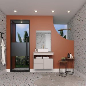 Conjunto Gabinete e Espelheira Bisotê IAM 100% MDF Com Tampo em Vidro Temperado Sem Puxadores Extern