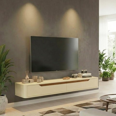 Rack Suspenso Slim Curvo 160cm para Tv até 55” Moderno Luxo Mdp/mdf com Portas Basculantes Off White